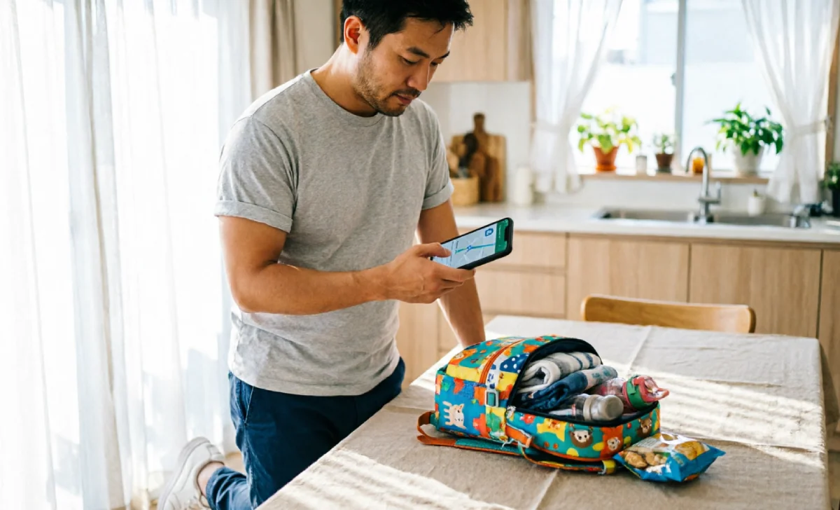Dad checking GPS tracker app on his phone while packing kids bag before theme park trip — GPS tracker kids theme parks preparation tips