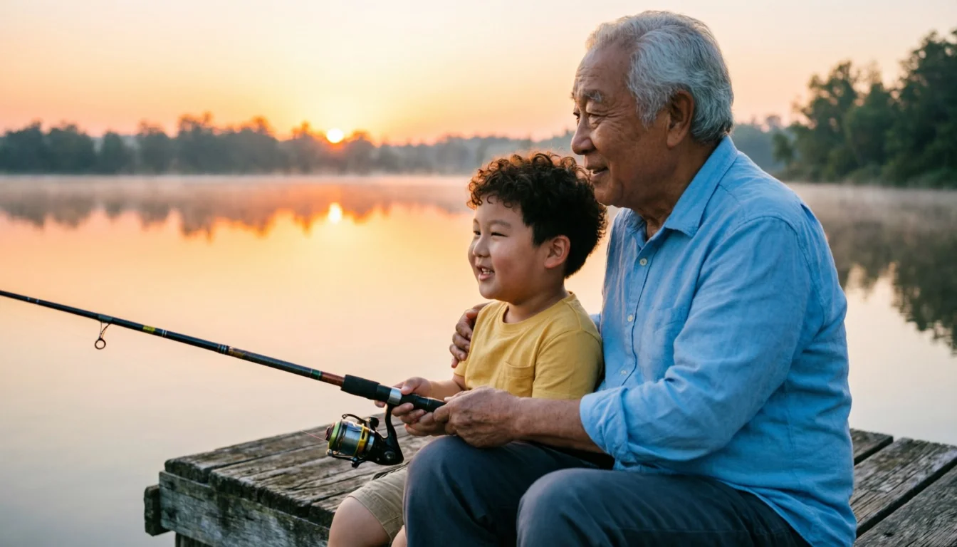 Grandfather and grandson fishing together at a lake, sharing a quiet bonding moment