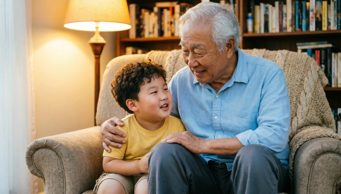 Grandfather reading a storybook to his grandchild in a cozy living room