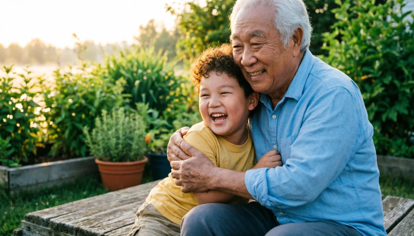 Grandfather hugging grandchild with joy and unconditional love in a sunny garden