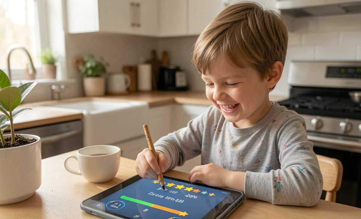 Child earning screen time through reward app showing completed tasks and tokens - positive family screen time management approach