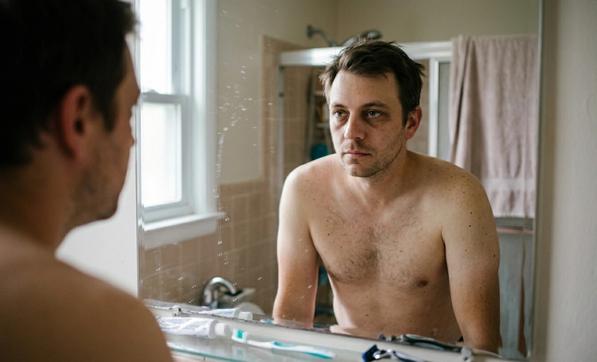 New dad doing squats while holding his baby at home — a simple way to fight the new dad dad bod without a gym
