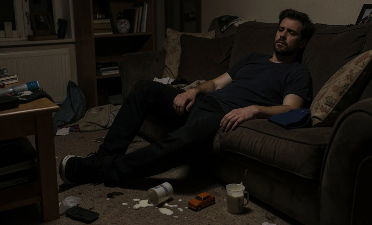 Tired dad sitting on living room floor with a smart plug box, feeling overwhelmed while trying to set up a smart home for beginners family.