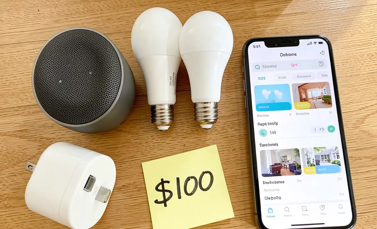 Flat lay of a smart speaker, two bulbs, and a plug — the complete smart home for beginners family starter kit under $100.