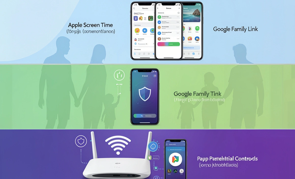 Three-layer family screen time management system showing router parental controls, monitoring apps, and device-level screen time settings working together