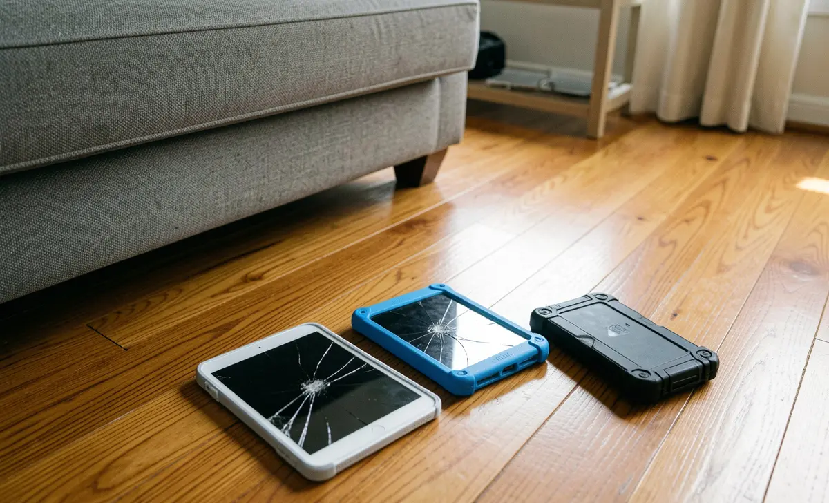 Three tablets on a hardwood floor next to a couch during the tablet for kids durable parental controls drop test