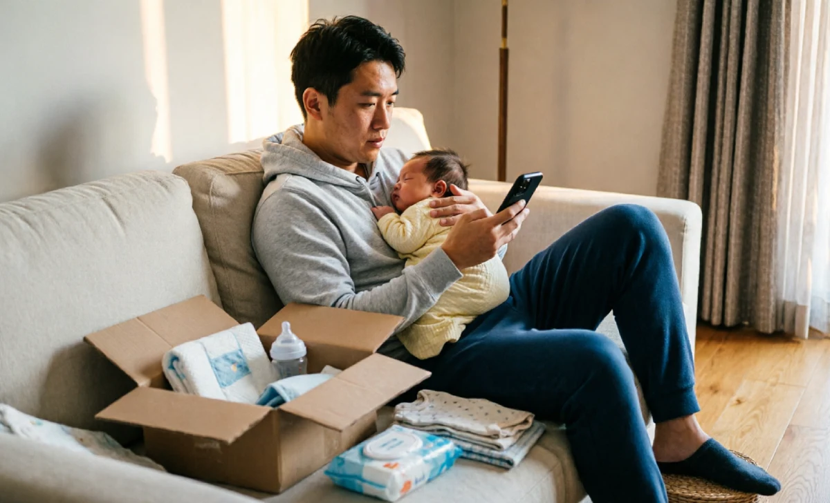 Tired new dad holding sleeping baby on chest while shopping for baby gadgets on phone.
