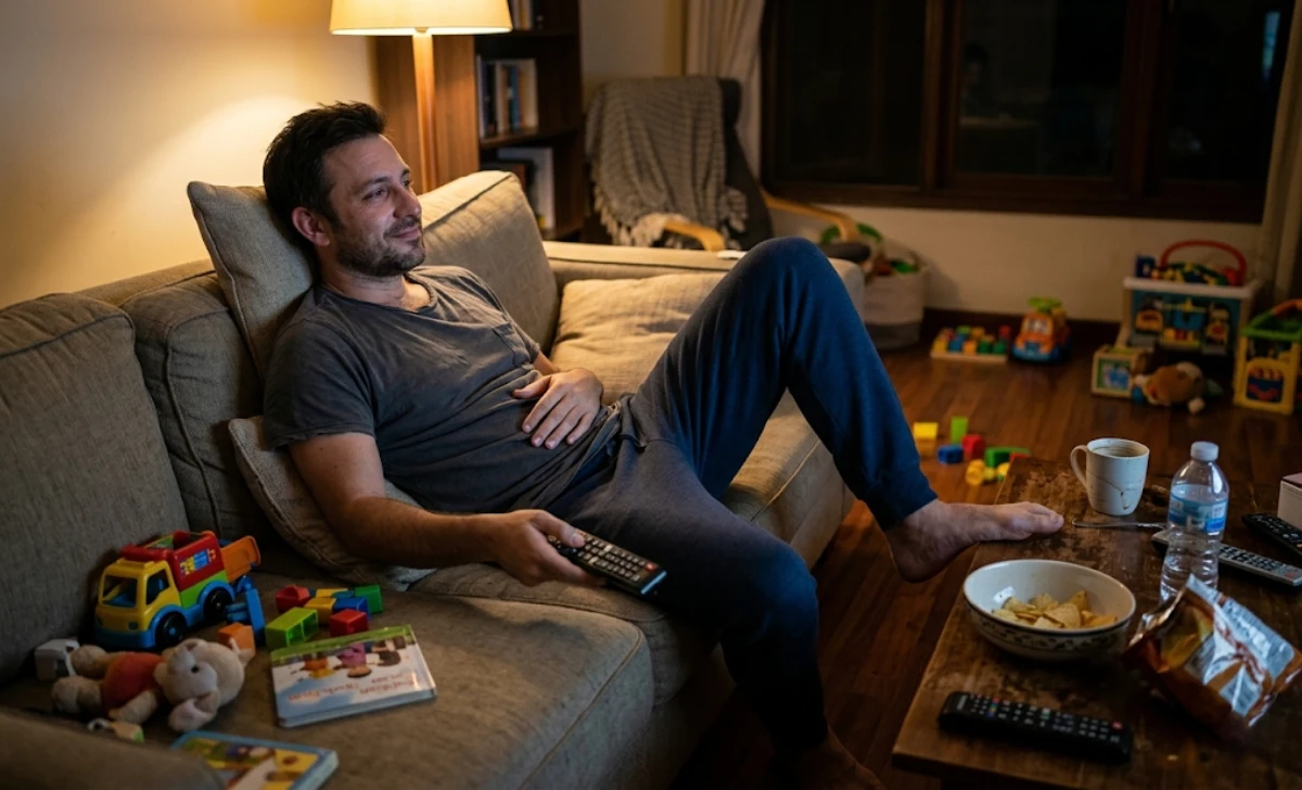 A tired dad sitting on the couch late at night, showing the daily stress that leads to the dad bod