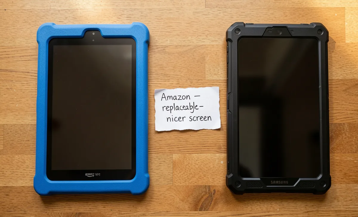 Two kids tablets side by side on a wooden table – Amazon Fire and Samsung – representing the best tablet for kids durable parental controls for different dad needs