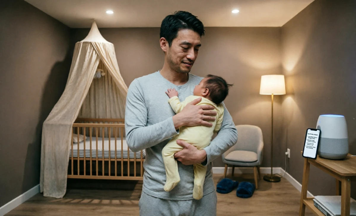 New dad holding sleeping baby while checking phone for essential tech gadgets in nursery at night.