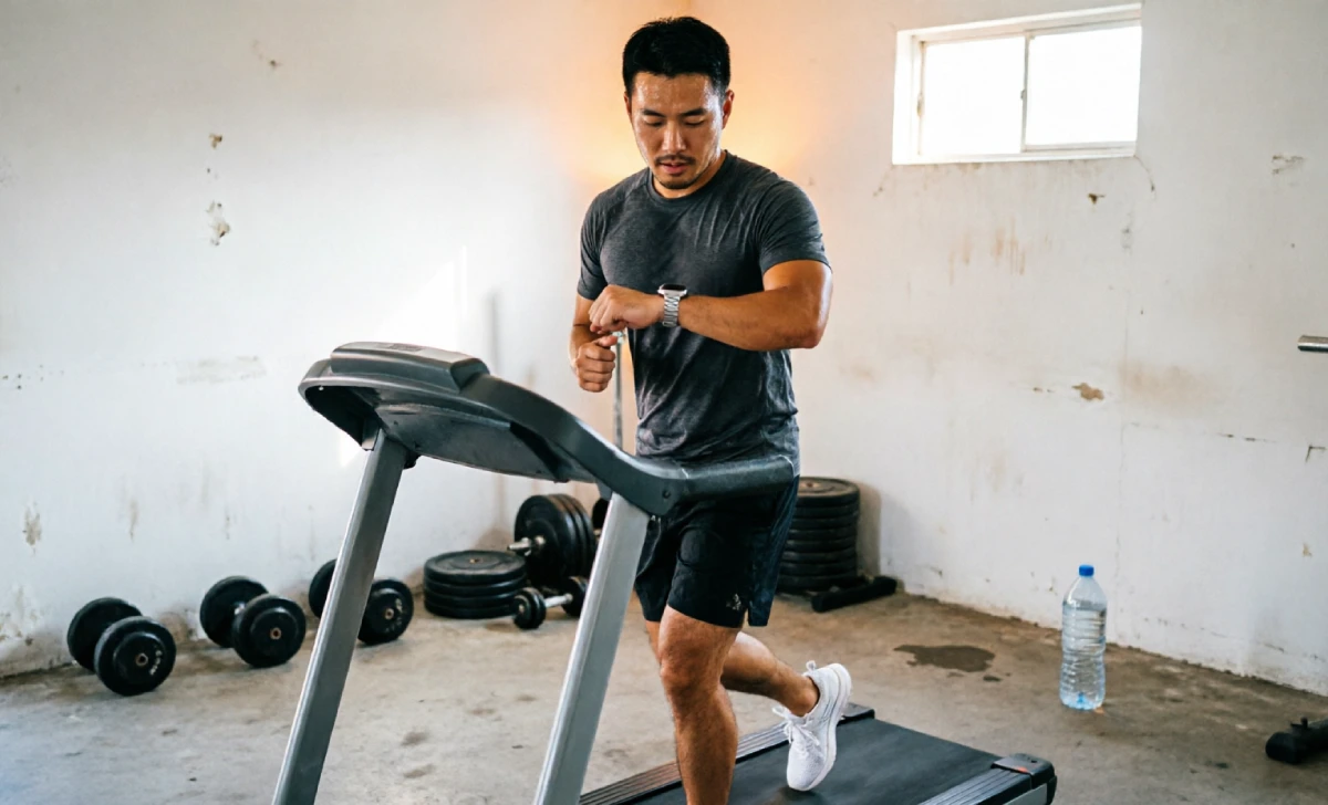 Dad checking smartwatch during 20 minute home workout in garage — best smartwatch for dads 2026 fitness test