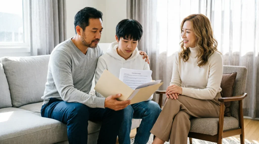 A blended family having a calm conversation about estate planning, highlighting the importance of protecting children’s inheritance in a remarriage.