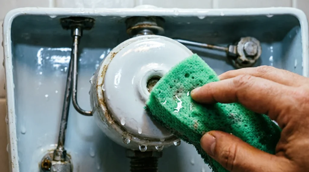 Hand using a scouring sponge to clean the flush valve seat at the bottom of the toilet tank.