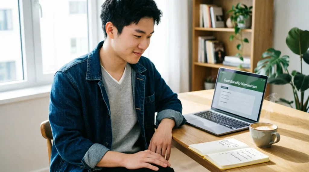 Dad filling out an online will with guardianship clause