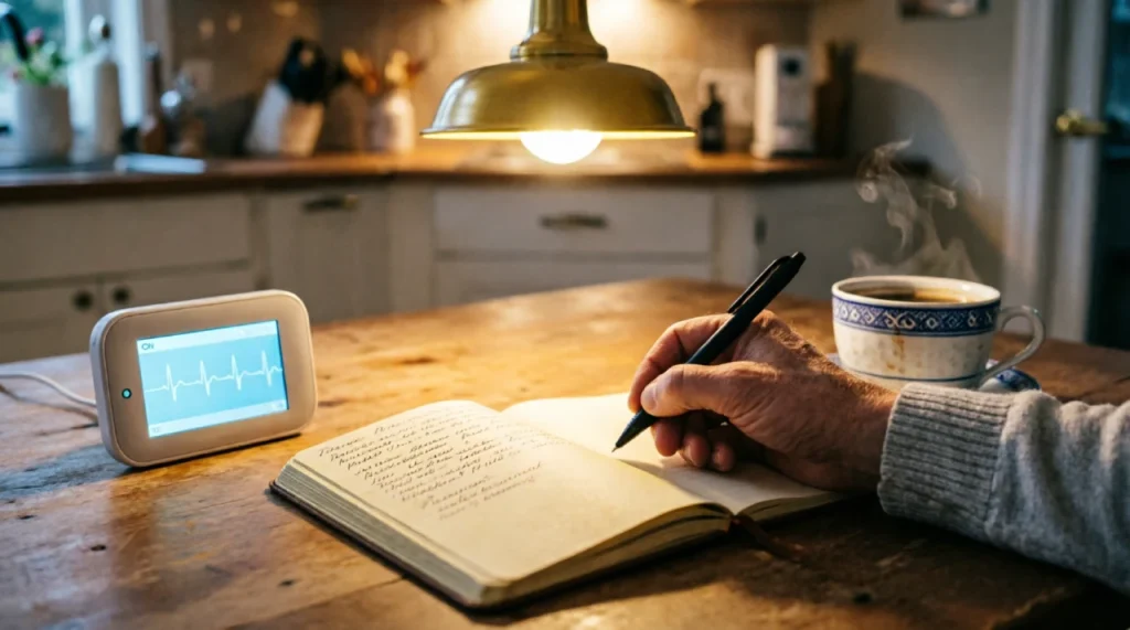 A father's hand writing in a notebook at a kitchen table with a baby monitor nearby, representing the quiet act of documenting workplace concerns after paternity leave.