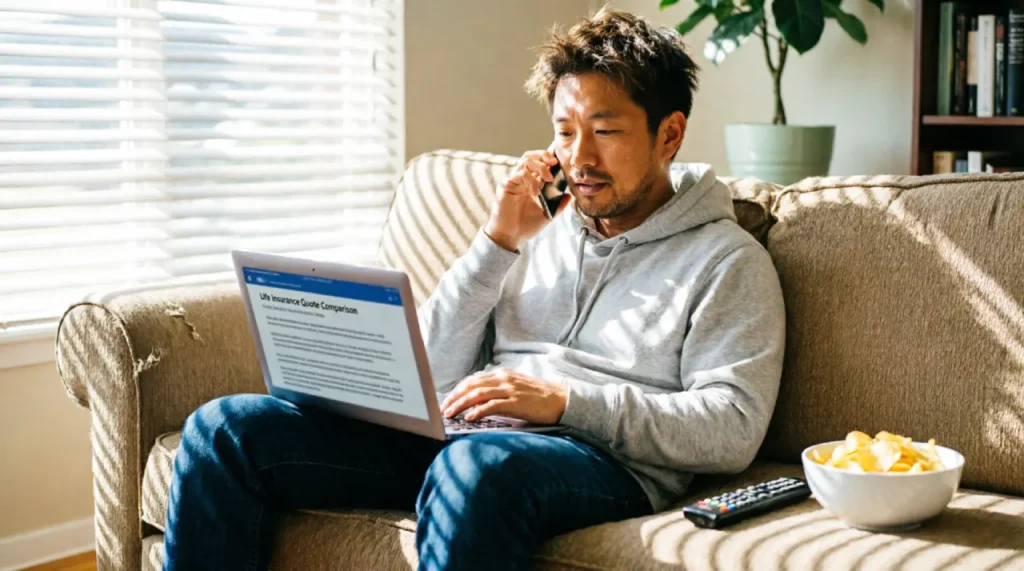 Dad getting term life insurance online from his couch on a Saturday while holding a phone.