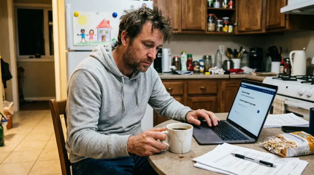 Dad setting up a small weekly auto-investment for his child’s future on a laptop at the kitchen table.