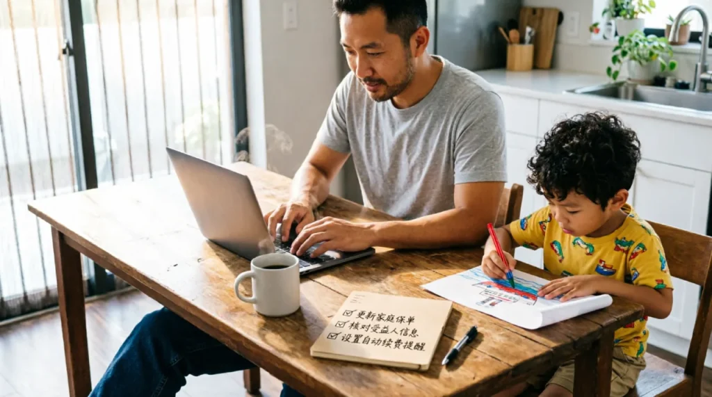 A dad at the kitchen table working on an inheritance checklist while his son draws beside him, showing that estate planning is a manageable, loving act.