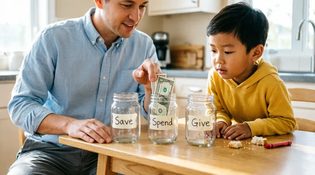 Father teaching son about saving money using three jars labeled Save, Spend, and Give.