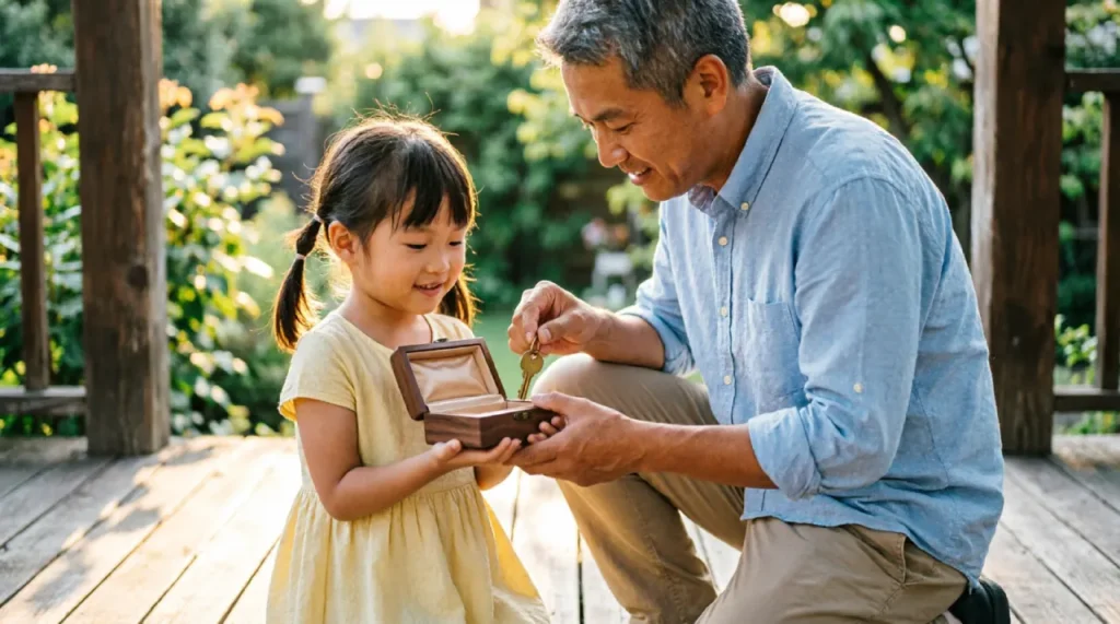 A dad giving a small lockbox key to his young daughter, symbolizing a trust that protects her inheritance until she’s ready.