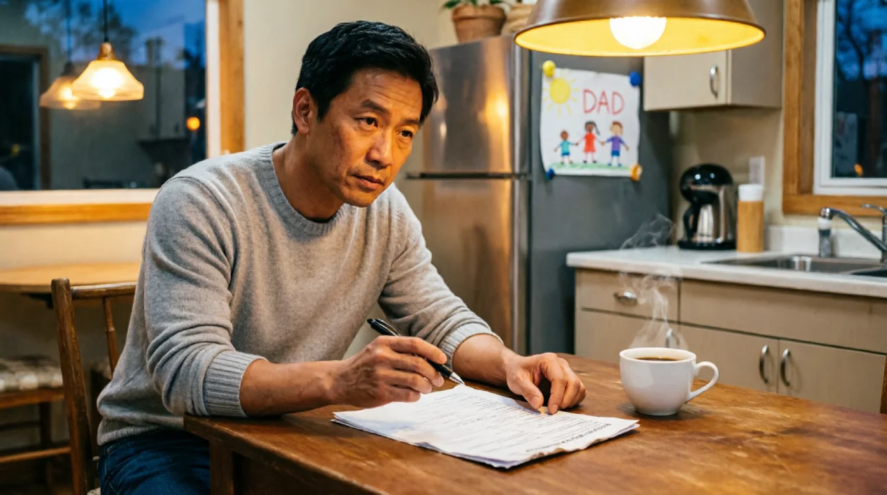 Dad reviewing life insurance beneficiary paperwork at the kitchen table at night.