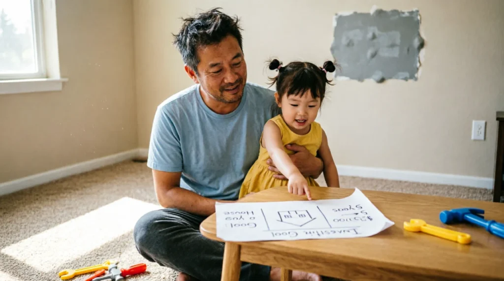 Dad and daughter on the living room floor looking at a hand-drawn investment goal chart, with home repair signs in the background.