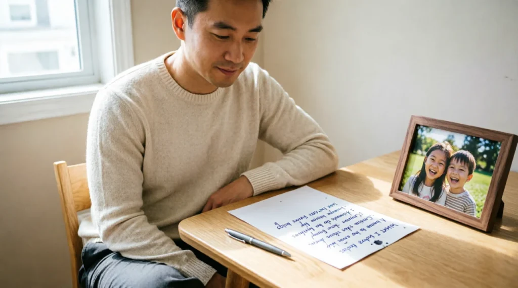 A dad writing down his wishes for his children’s inheritance on a simple piece of paper, illustrating the first step to avoid intestacy.