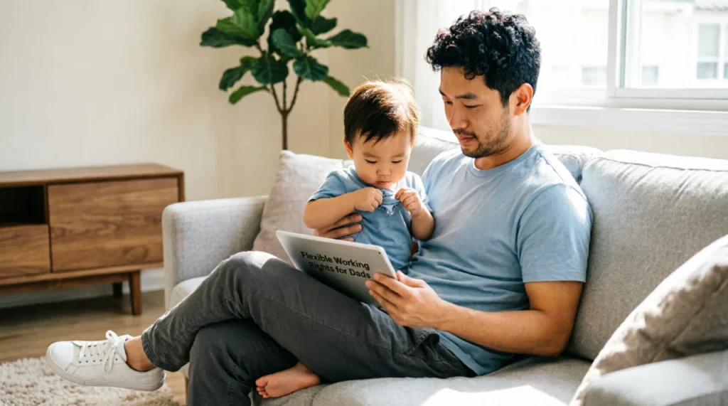 Dad reading about flexible working rights on a tablet while holding his toddler, beginner-friendly legal guide for fathers.