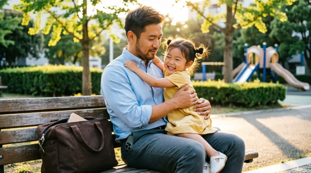 Happy dad with his daughter in a park after work, representing the peace of mind that comes with knowing flexible working rights.