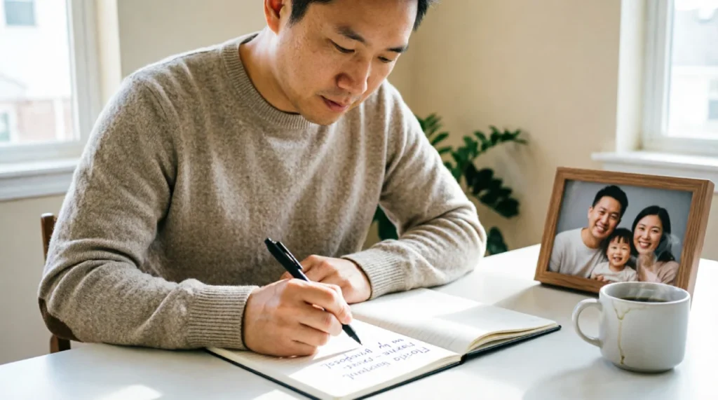 Dad writing a flexible working request at his desk, with a family photo beside him, showing the real-life process.