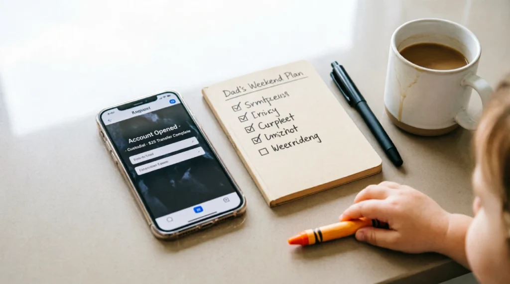 Smartphone screen displaying a custodial brokerage account opening confirmation with a checklist and coffee mug nearby.