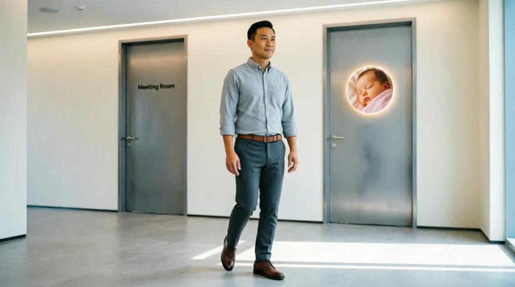 A father pausing in an office hallway, symbolising the choice between career demands and taking paternity leave.