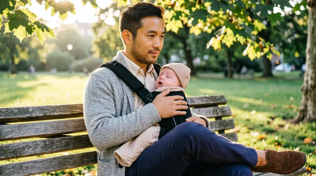 A father sitting on a park bench holding his newborn, reflecting on the emotional challenges of returning to work after paternity leave.
