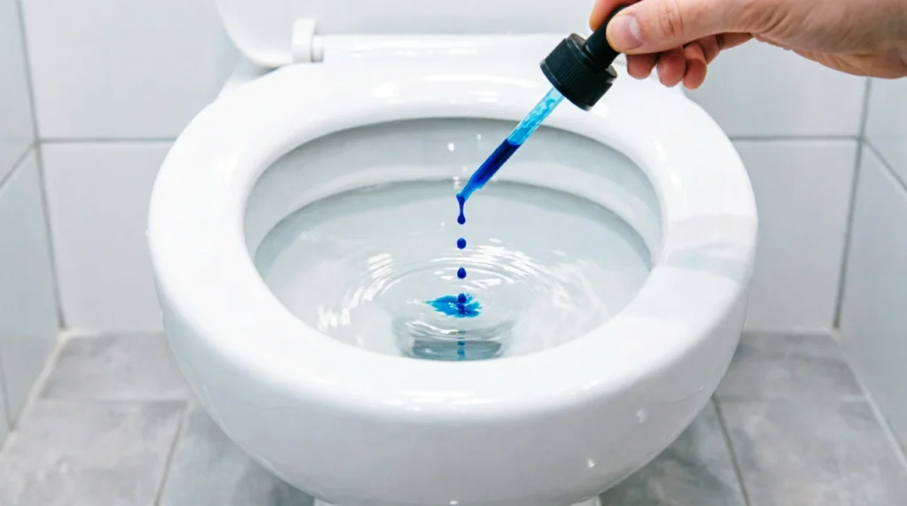 Hand dropping blue food coloring into a toilet bowl to test if the flapper is leaking.
