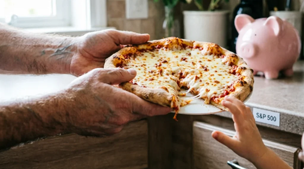 Dad's hand lifting a pizza slice, illustrating the index fund concept of owning a small piece of many companies.
