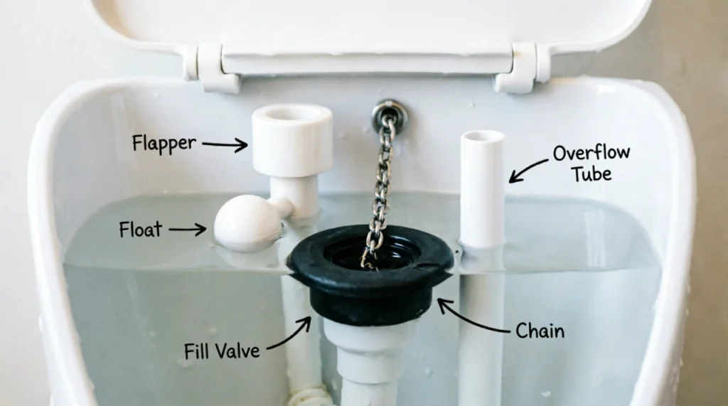 Open toilet tank showing labeled internal parts—flapper, fill valve, overflow tube, chain, and float—for DIY toilet repair education.