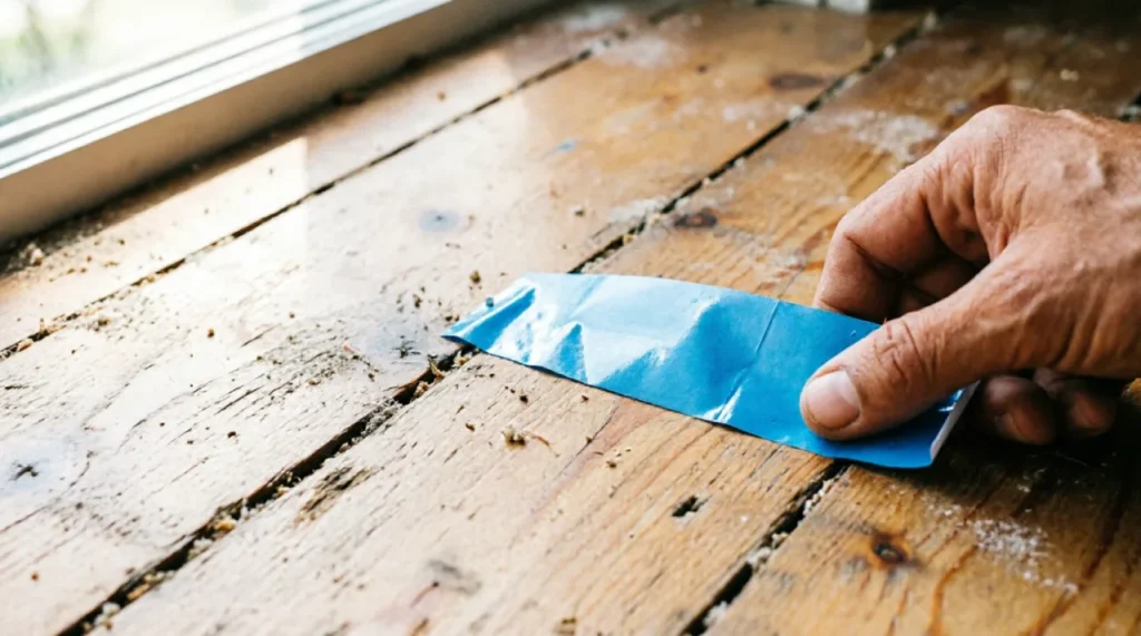 Hand marking a squeaky spot on a wood floor with painter's tape