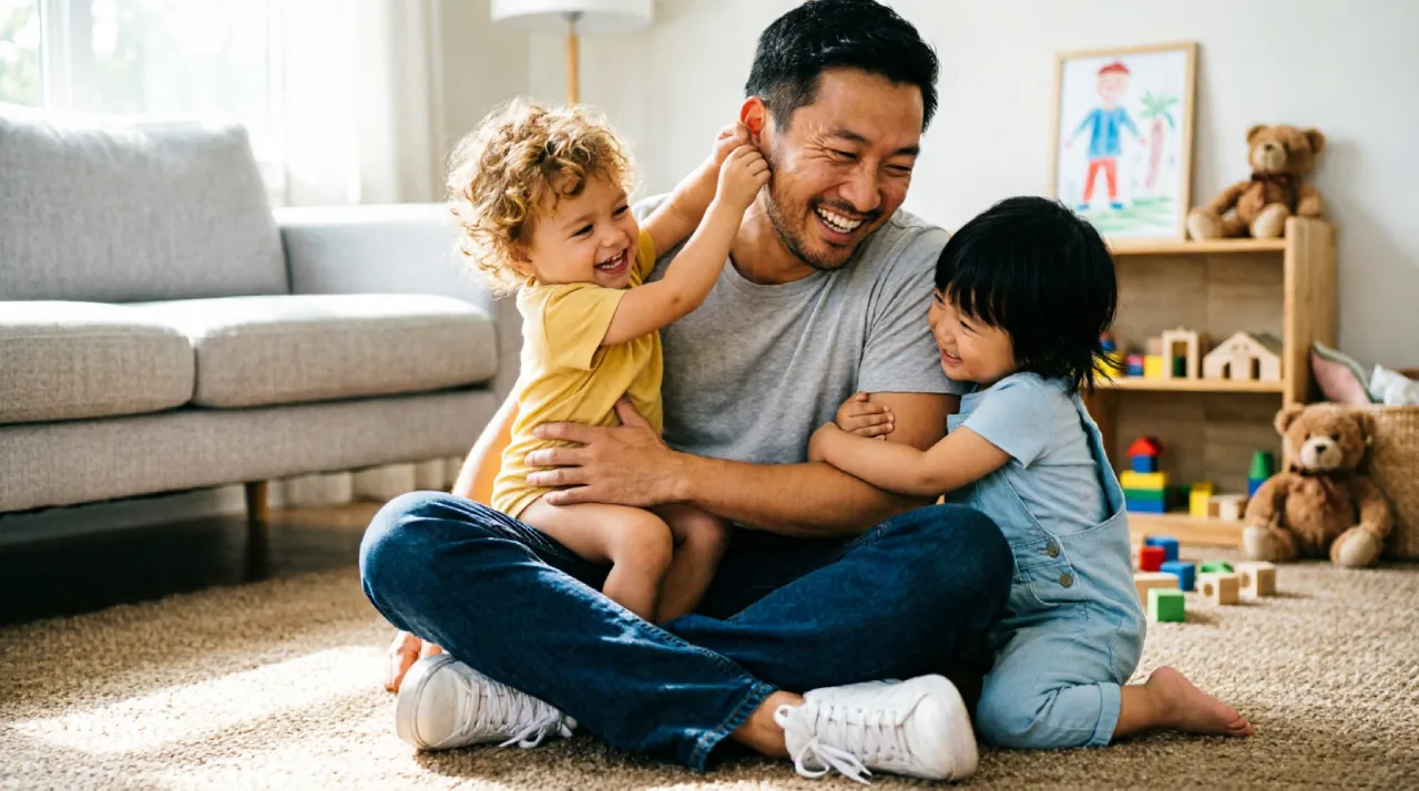 Stay-at-home dad playing with his twin toddlers on a sunny living room floor.