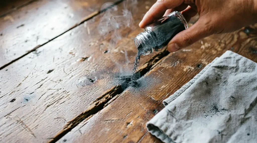 Sprinkling powdered graphite into a squeaky wood floor joint