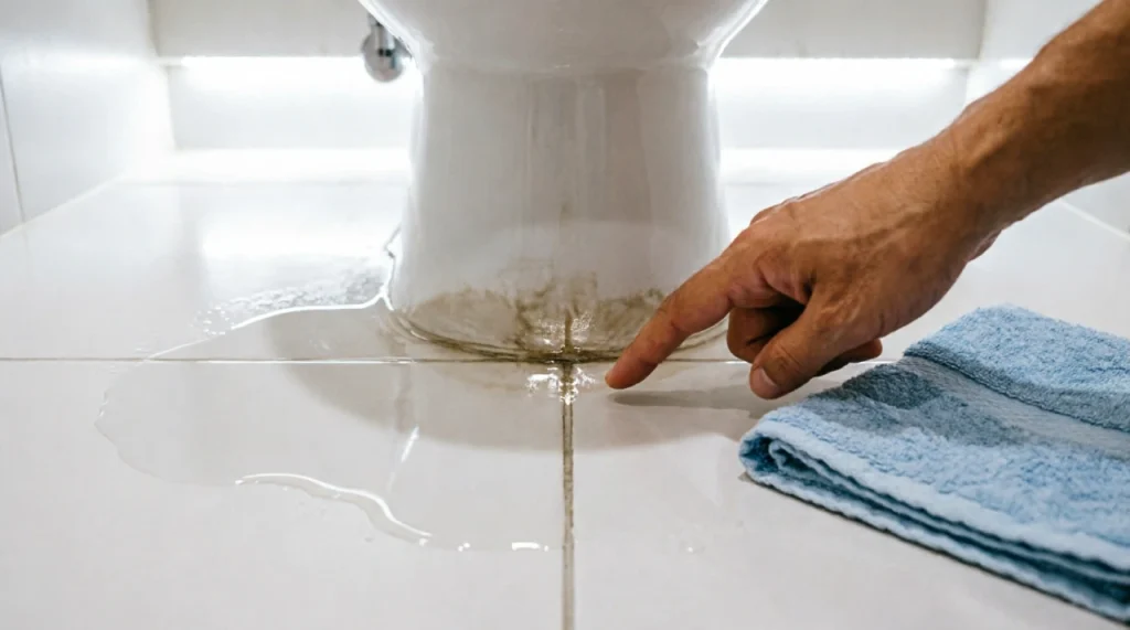 Water pooling at the base of a toilet on a tile floor, indicating a failed wax ring seal that needs replacement.