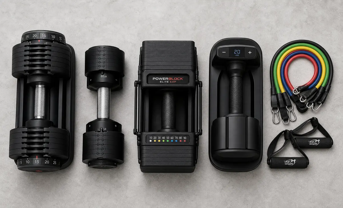 Side-by-side comparison of different space-saving adjustable dumbbells and resistance band sets showing variety in size, design, and weight range options.
