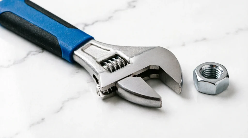 8-inch adjustable wrench with padded handle, open jaws, and a chrome nut on marble.