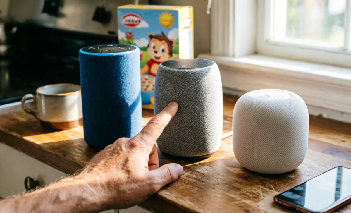 Alexa vs Google vs Apple smart speaker family home comparison on kitchen counter
