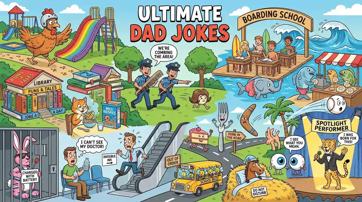 Colorful cartoon banner featuring classic dad jokes with a chicken crossing a playground slide, a baseball flying through the air, bees riding a school bus, a cat eating Mice Krispies, and other funny family-friendly scenes.