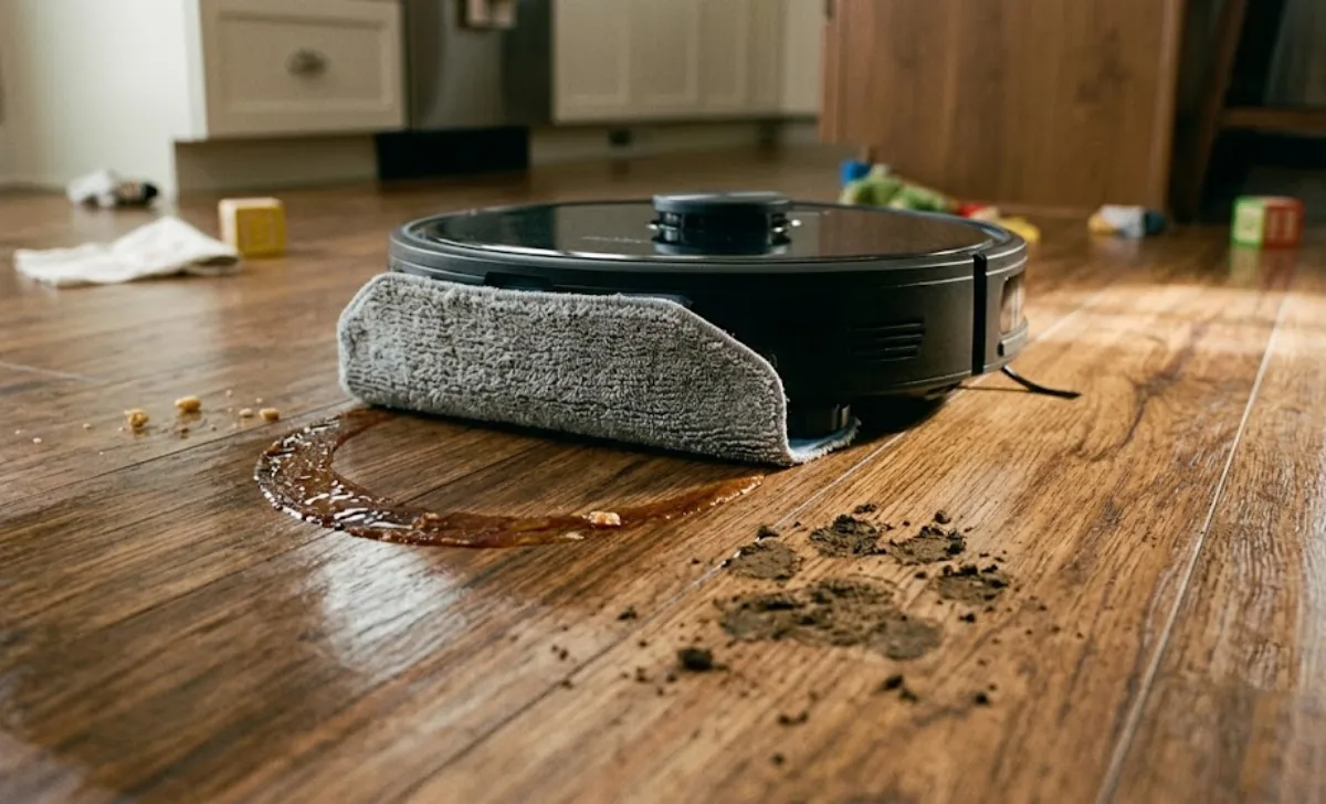 Best family robot vacuum mopping dried juice and dog paw mud on kitchen hardwood floor.