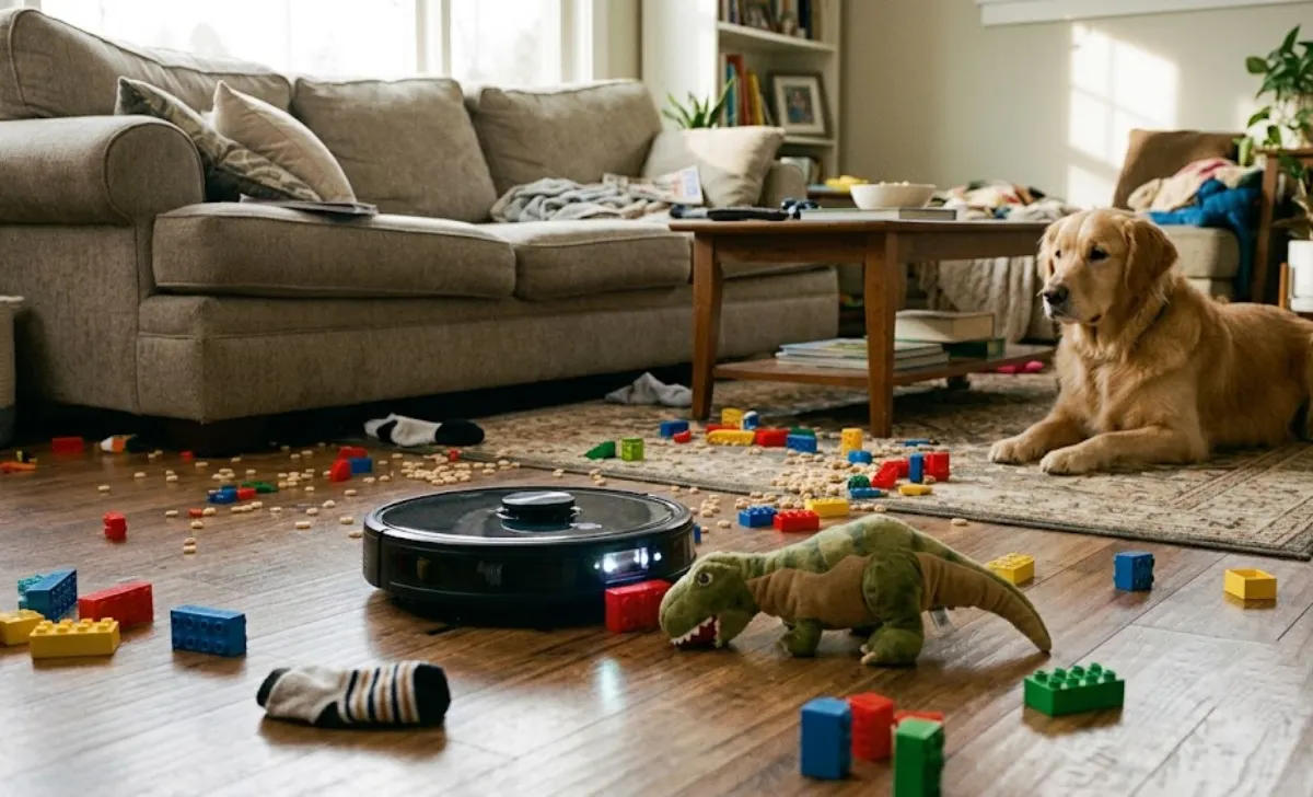 Best family robot vacuum dodging toys and a sock on a real living room floor with a dog watching.