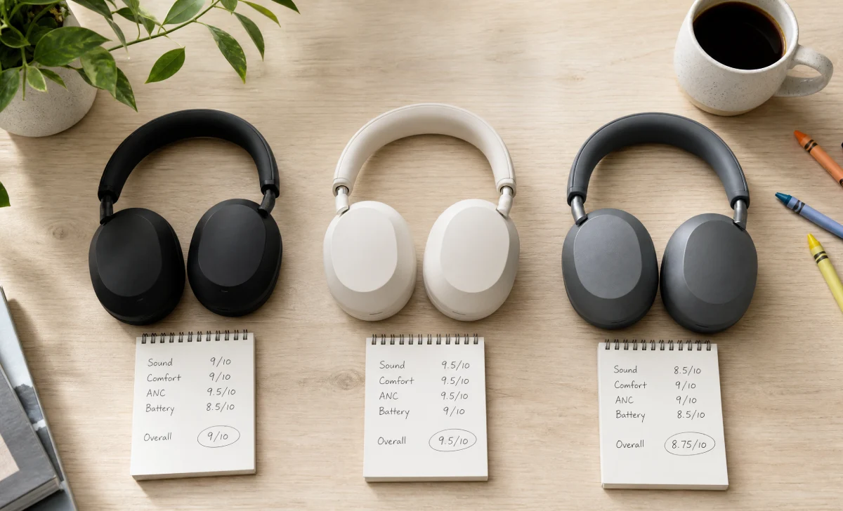 three noise canceling headphones dads can buy compared side by side on a desk with handwritten notes