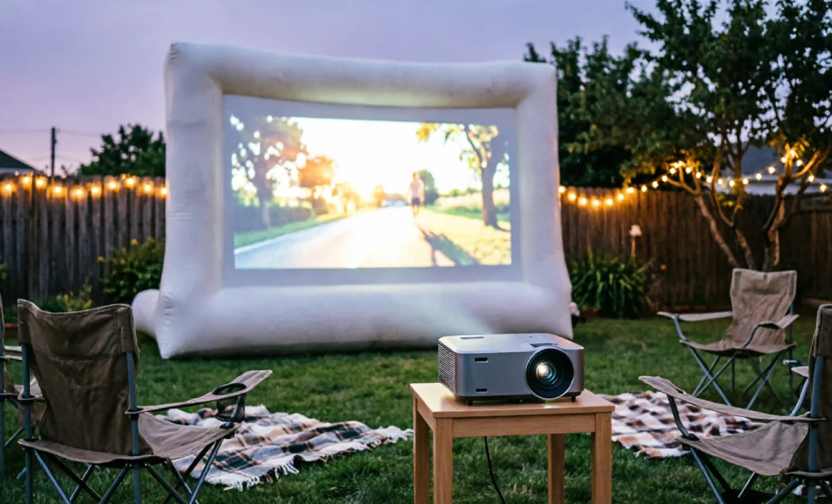 Best outdoor projector setup using an inflatable screen in a backyard movie night with projector and seating.