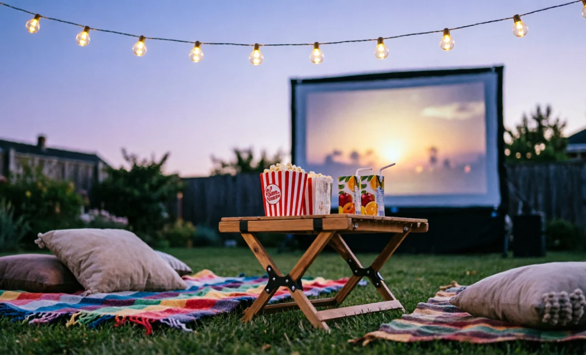 Best outdoor projector setup with string lights, blankets, and a popcorn bar for a magical backyard movie night.