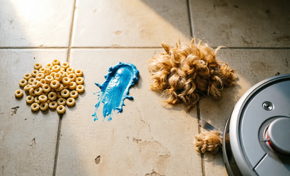 Best robot vacuum for families being tested on Cheerios Play-Doh and dog hair on kitchen floor